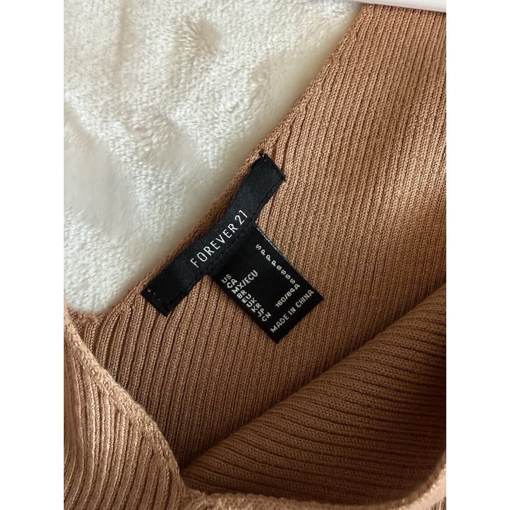 Forever 21 Women Tan Ribbed Knit V-Neck Spaghetti Strap Midi Bodycon Dress Small - Picture 5 of 7